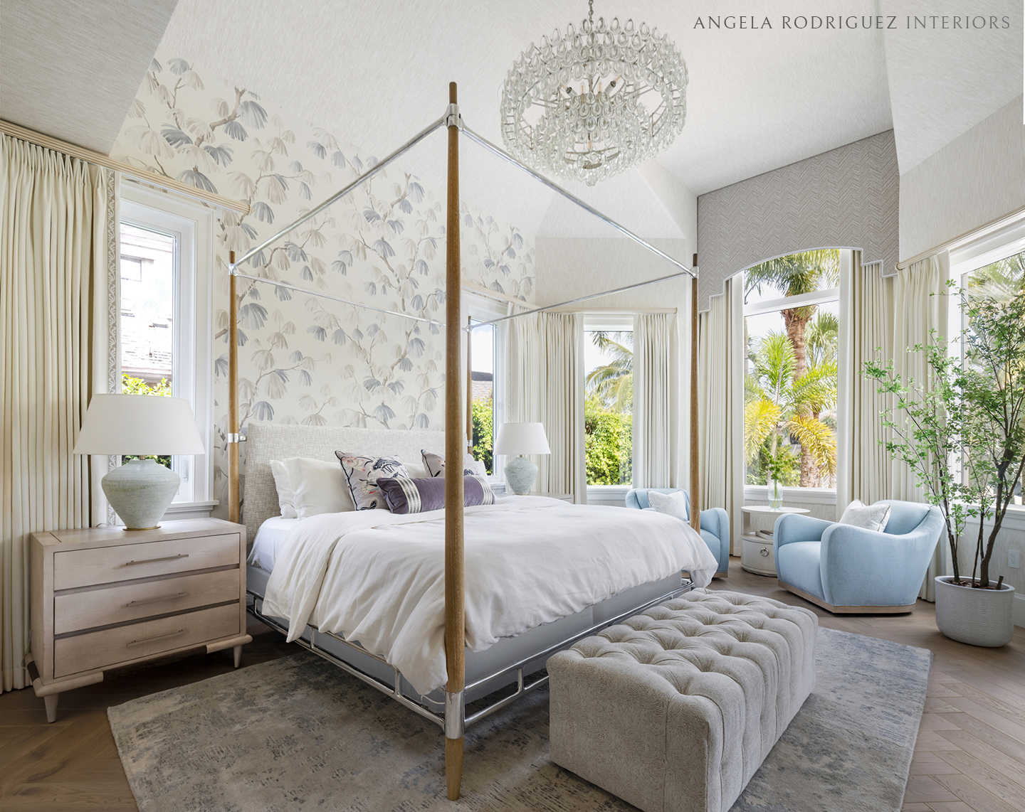 Bedroom design with wallpaper and custom window treatments