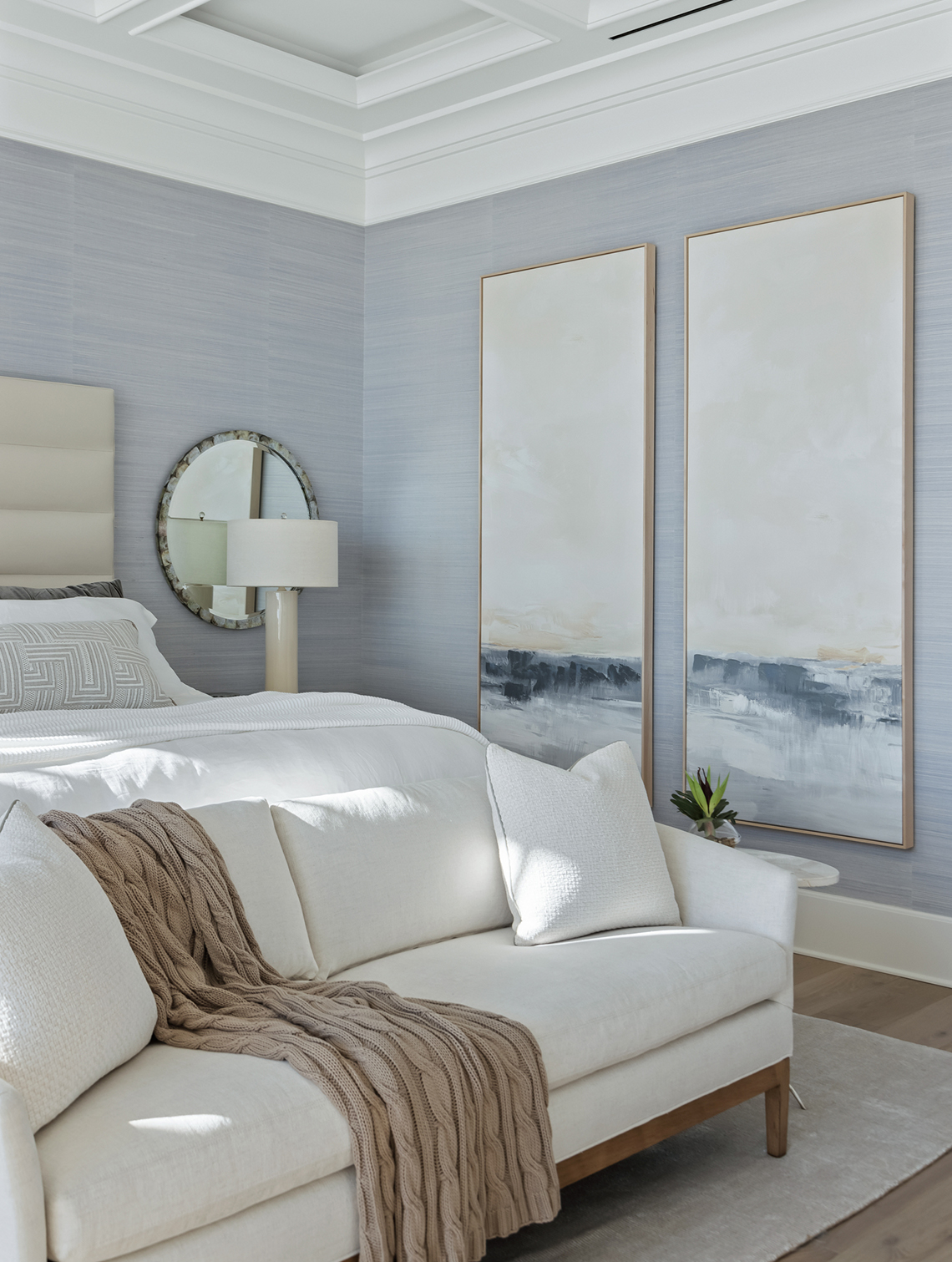 Coastal bedroom with blue grasscloth walls