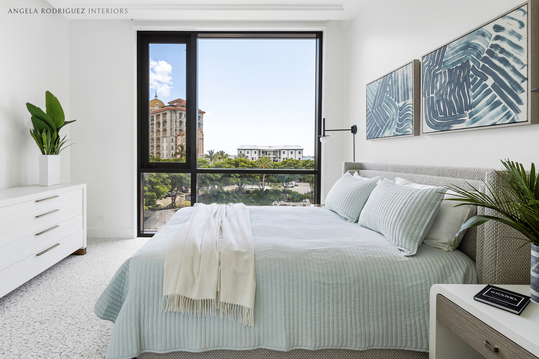Guest bedroom with blue bedding