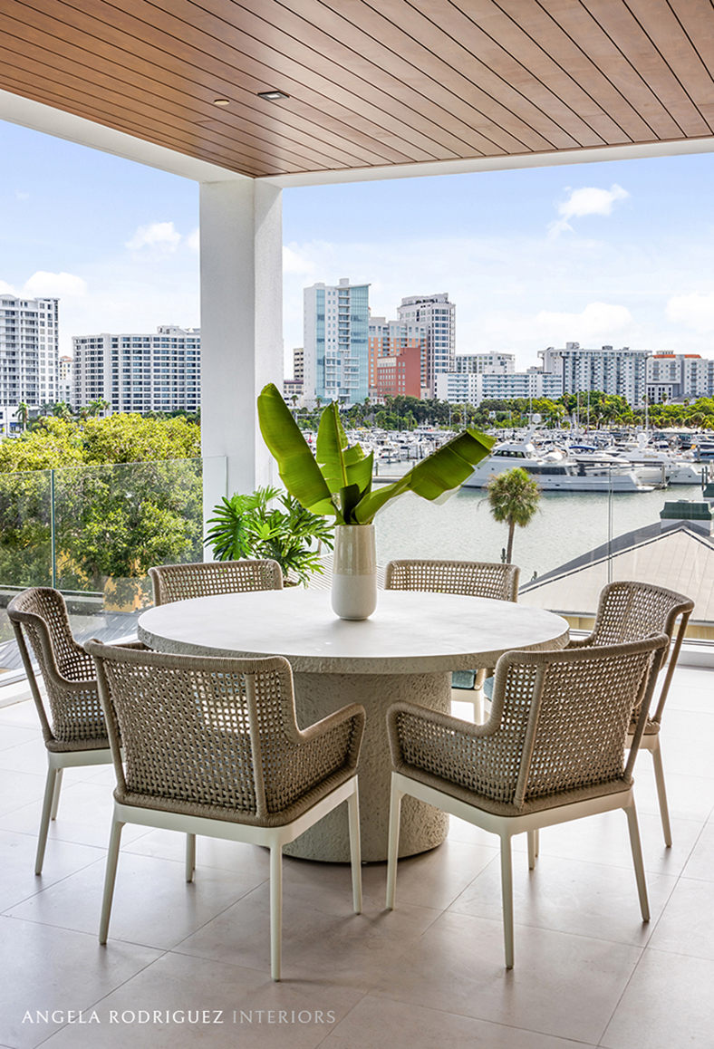 Patio with a harbor view