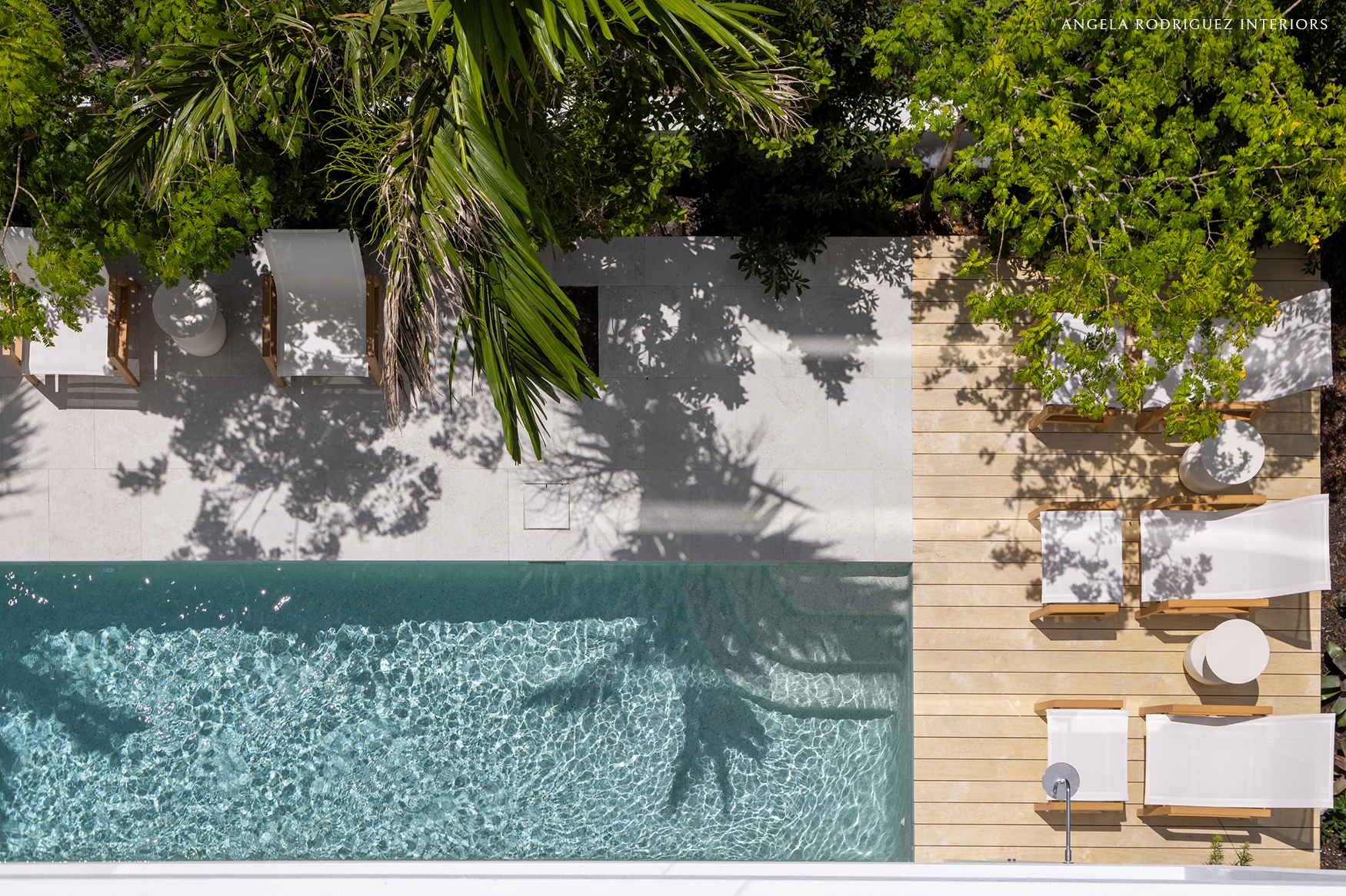 Modern tropical pool area from above with palm trees
